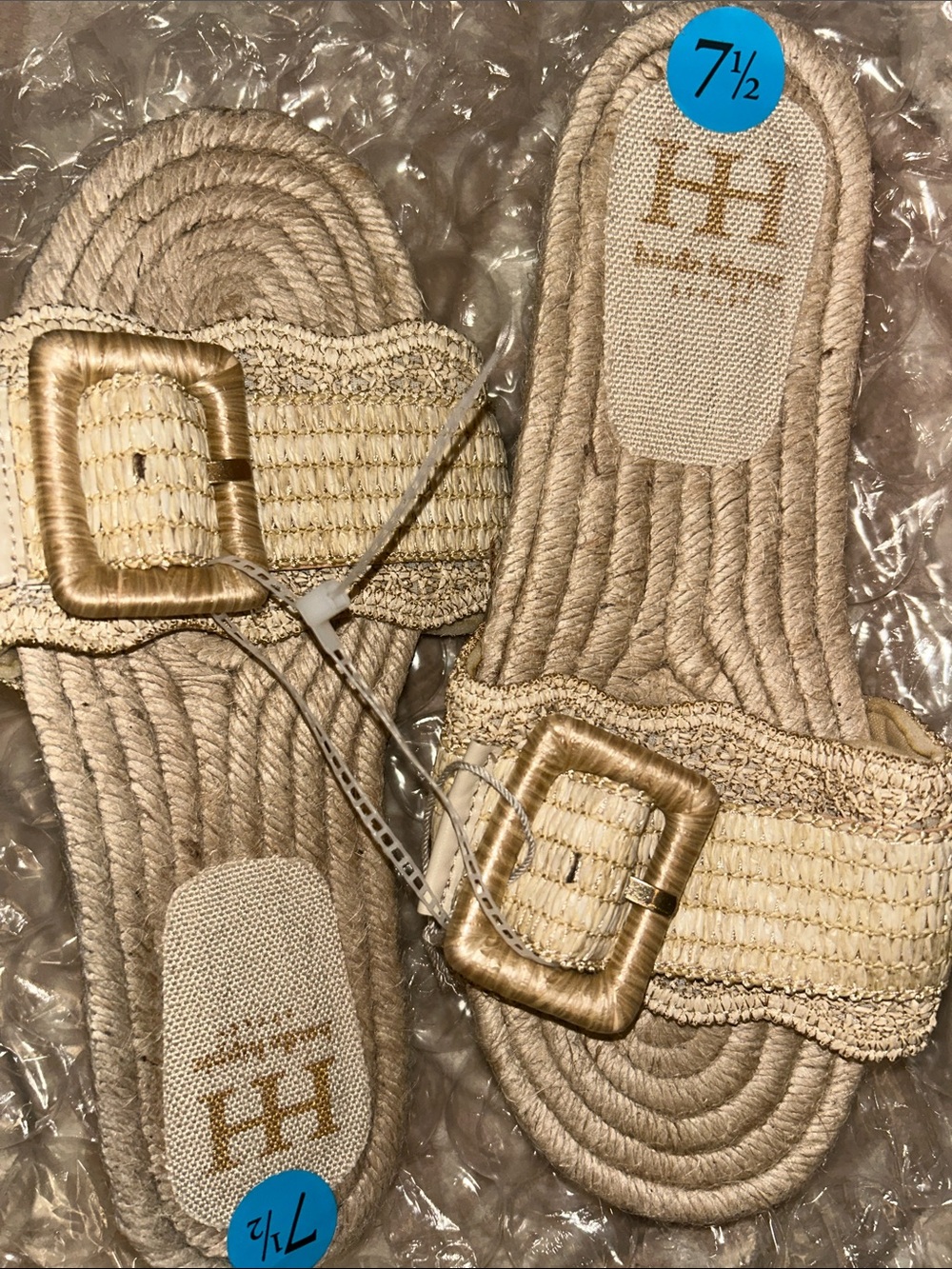 Woven Neutral Slide Sandals with Gold Buckle - Beige